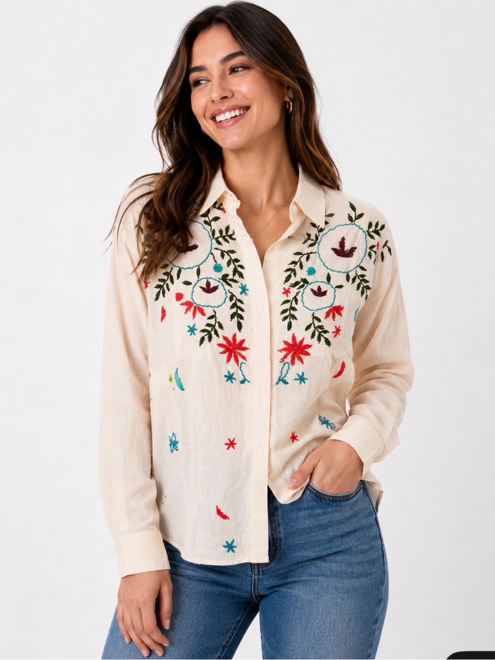 RAJ Embroidered 100% Cotton Button-Down Top in Cream Size Small